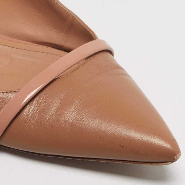 Pre Owned Malone Souliers Maureen Size 39.5 Beige Leather and Patent Leather Flat Mules