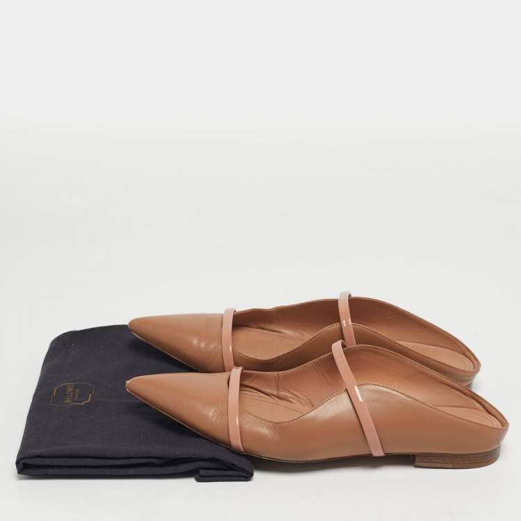 Pre Owned Malone Souliers Maureen Size 39.5 Beige Leather and Patent Leather Flat Mules