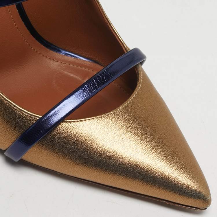 Pre Owned Malone Souliers Maureen Size 38.5 Navy Blue/Gold Leather Mules