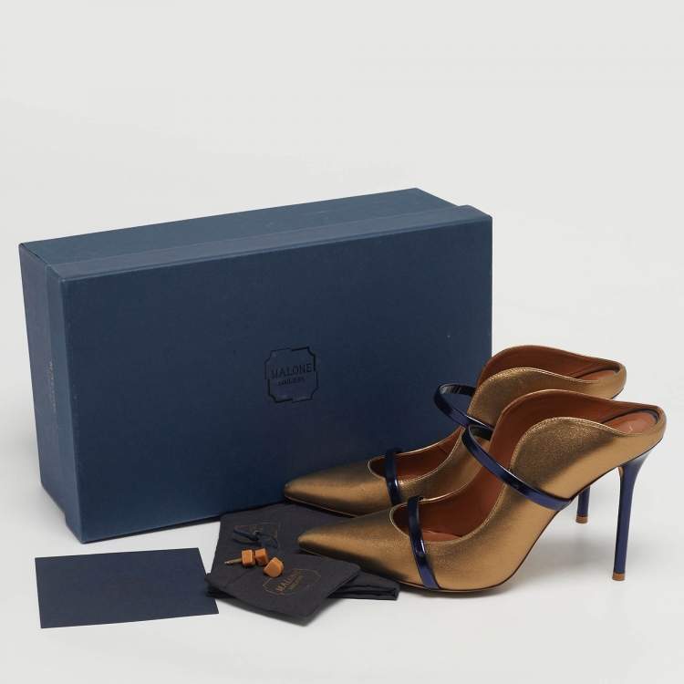 Pre Owned Malone Souliers Maureen Size 38.5 Navy Blue/Gold Leather Mules