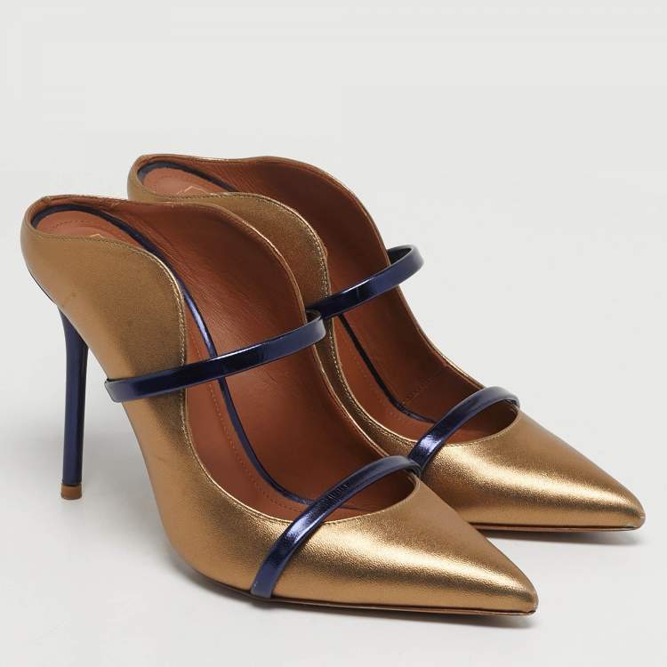 Pre Owned Malone Souliers Maureen Size 38.5 Navy Blue/Gold Leather Mules
