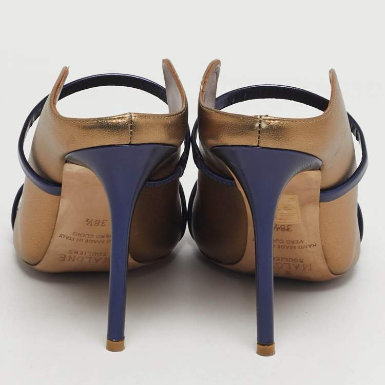 Pre Owned Malone Souliers Maureen Size 38.5 Navy Blue/Gold Leather Mules