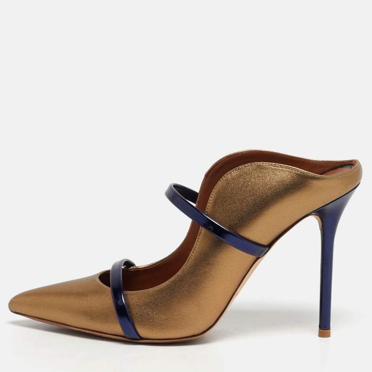 Pre Owned Malone Souliers Maureen Size 38.5 Navy Blue/Gold Leather Mules