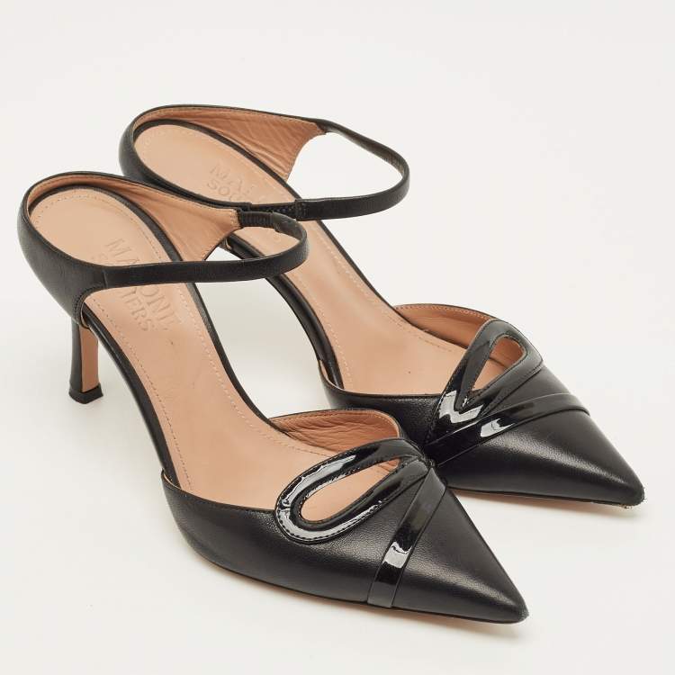 Pre Owned Malone Souliers Bonnie Size 36 Black Leather and Patent Leather Slide Sandals