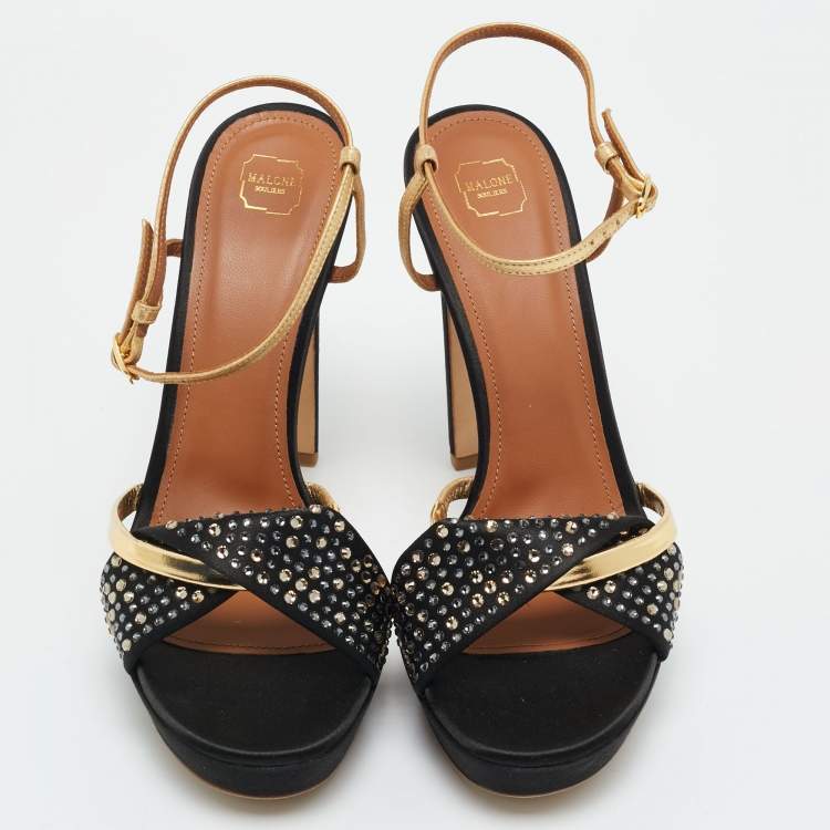 Pre Owned Malone Souliers Lauren Size 39 Black/Gold Leather and Satin Platform Sandals