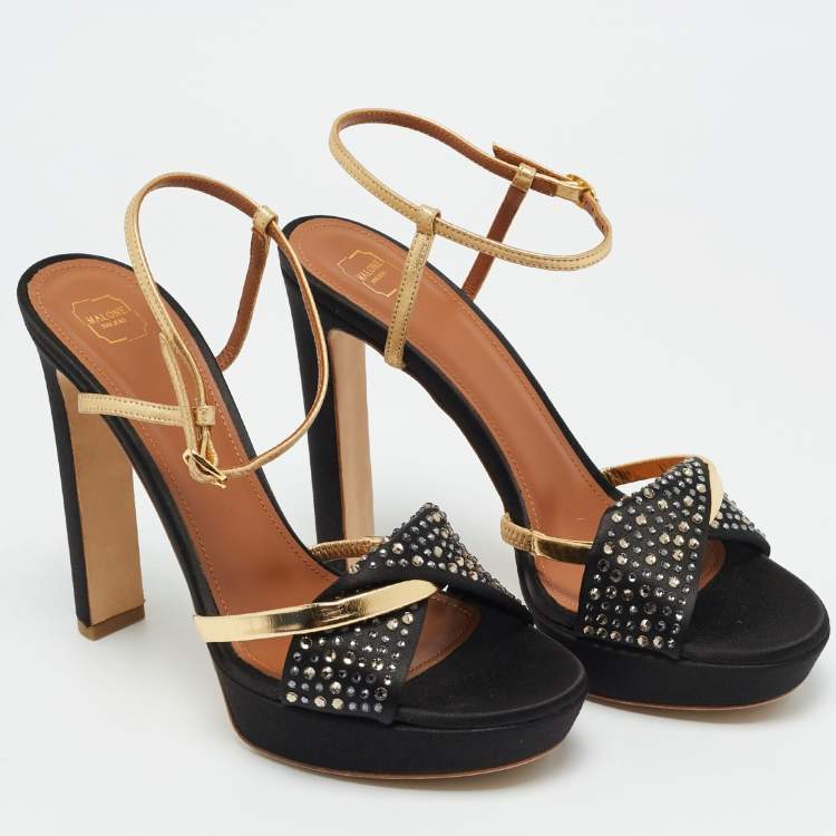 Pre Owned Malone Souliers Lauren Size 39 Black/Gold Leather and Satin Platform Sandals