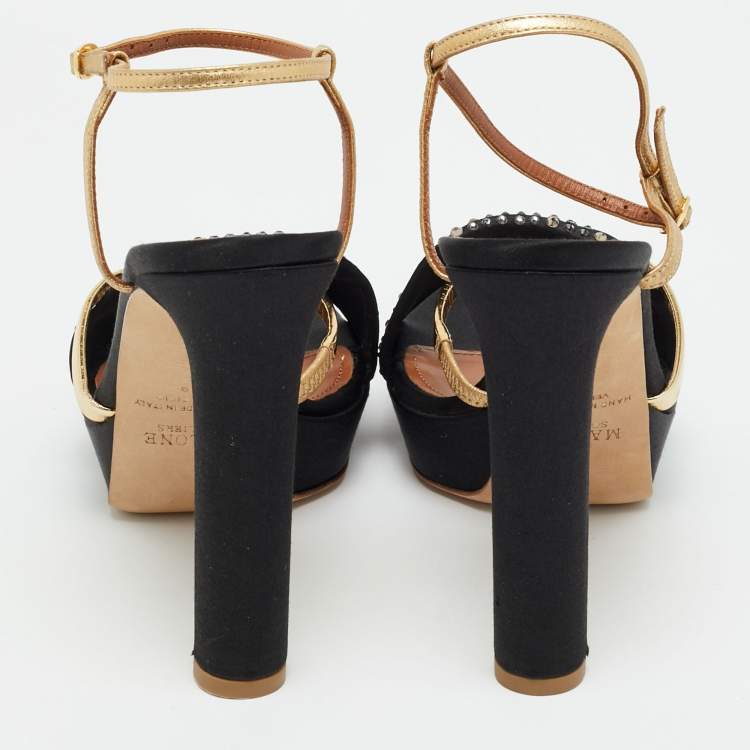 Pre Owned Malone Souliers Lauren Size 39 Black/Gold Leather and Satin Platform Sandals