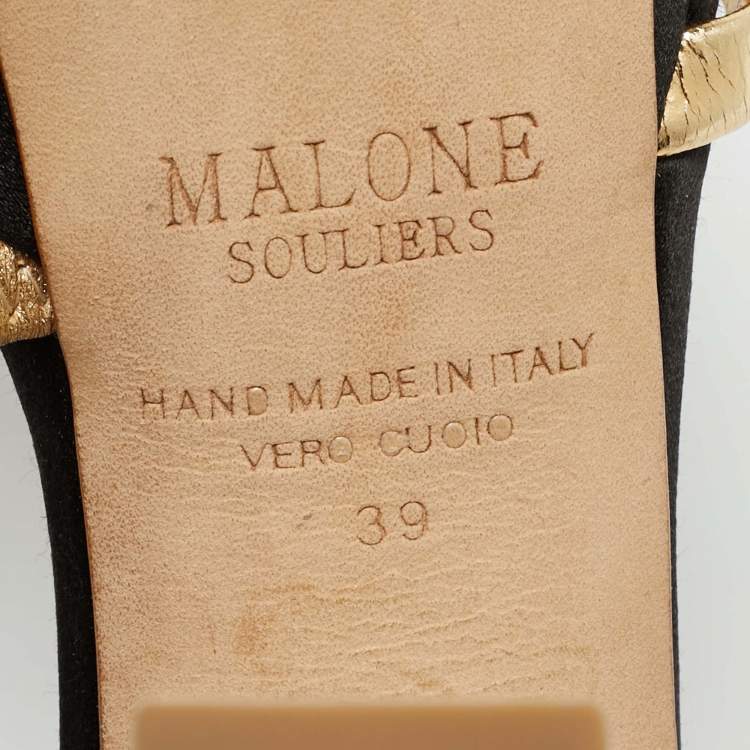 Pre Owned Malone Souliers Lauren Size 39 Black/Gold Leather and Satin Platform Sandals