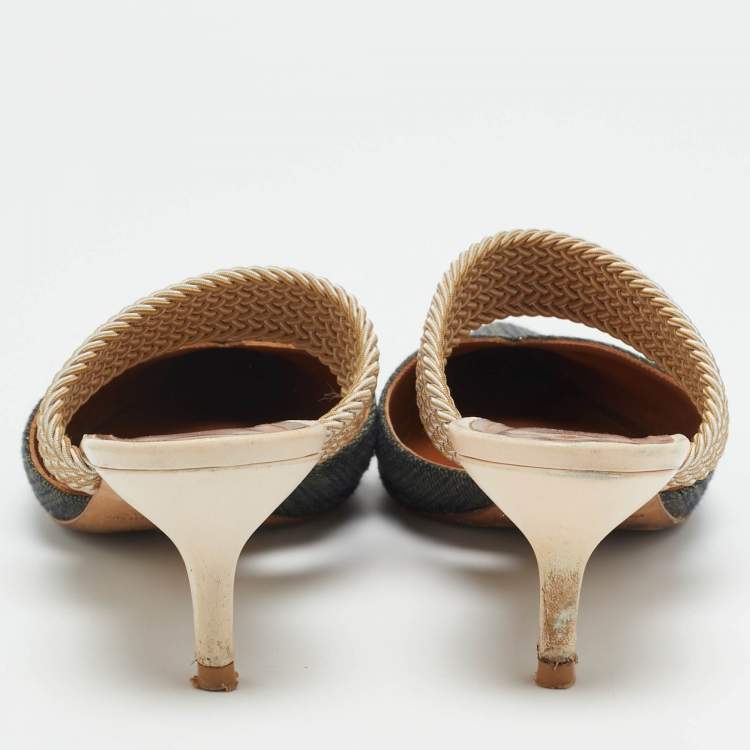 Pre Owned Malone Souliers Maisie Size 39.5 Cream/Blue Leather and Raffia Mules