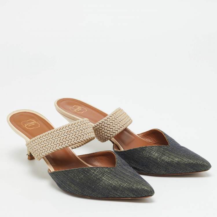 Pre Owned Malone Souliers Maisie Size 39.5 Cream/Blue Leather and Raffia Mules