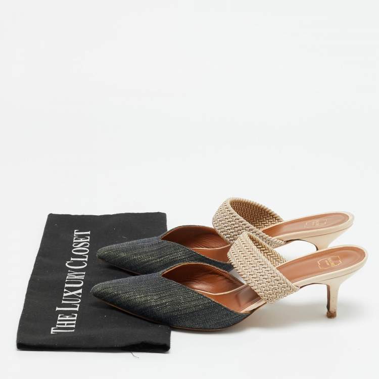 Pre Owned Malone Souliers Maisie Size 39.5 Cream/Blue Leather and Raffia Mules