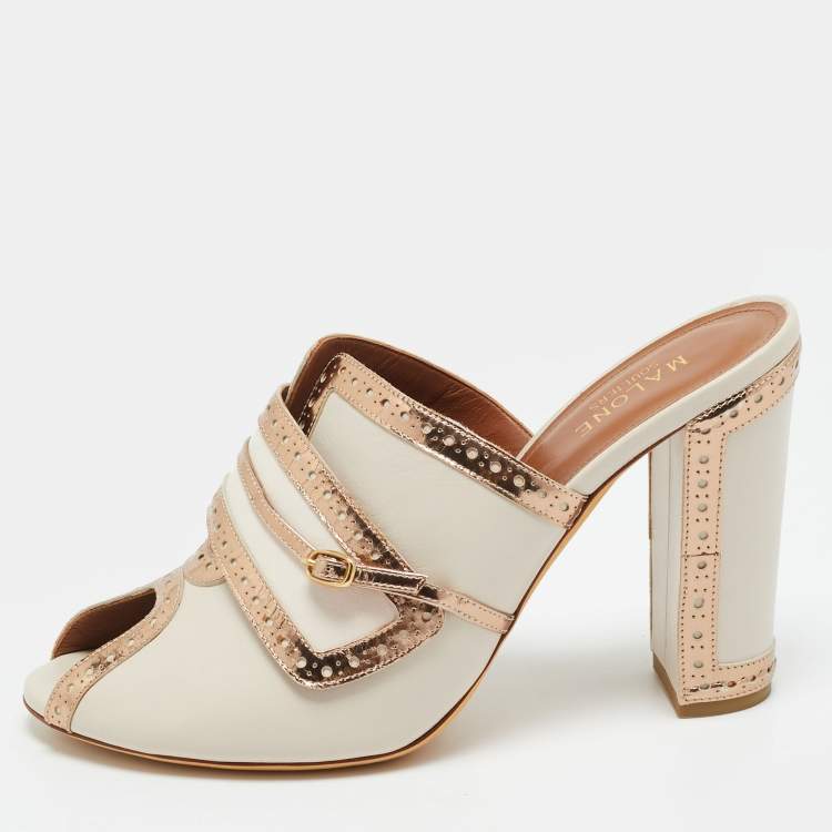 Pre Owned Malone Souliers Size 40 Cream/Gold Leather Peep Toe Mules