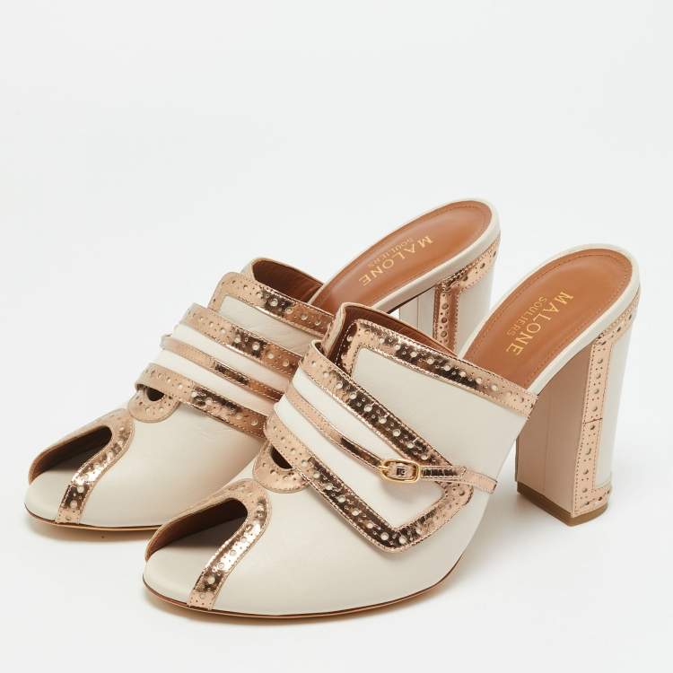 Pre Owned Malone Souliers Size 40 Cream/Gold Leather Peep Toe Mules