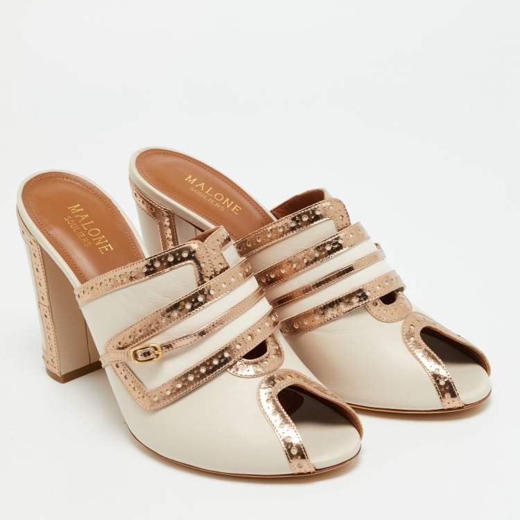 Pre Owned Malone Souliers Size 40 Cream/Gold Leather Peep Toe Mules