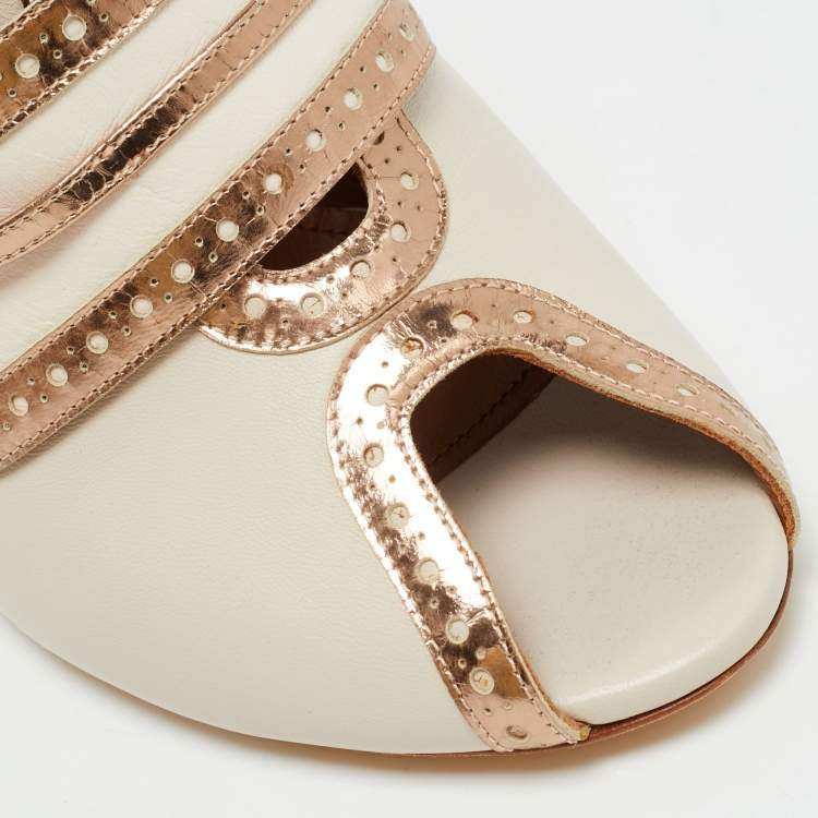 Pre Owned Malone Souliers Size 40 Cream/Gold Leather Peep Toe Mules