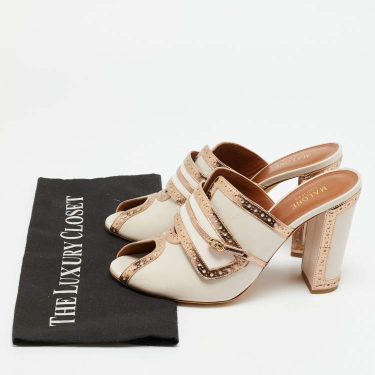 Pre Owned Malone Souliers Size 40 Cream/Gold Leather Peep Toe Mules