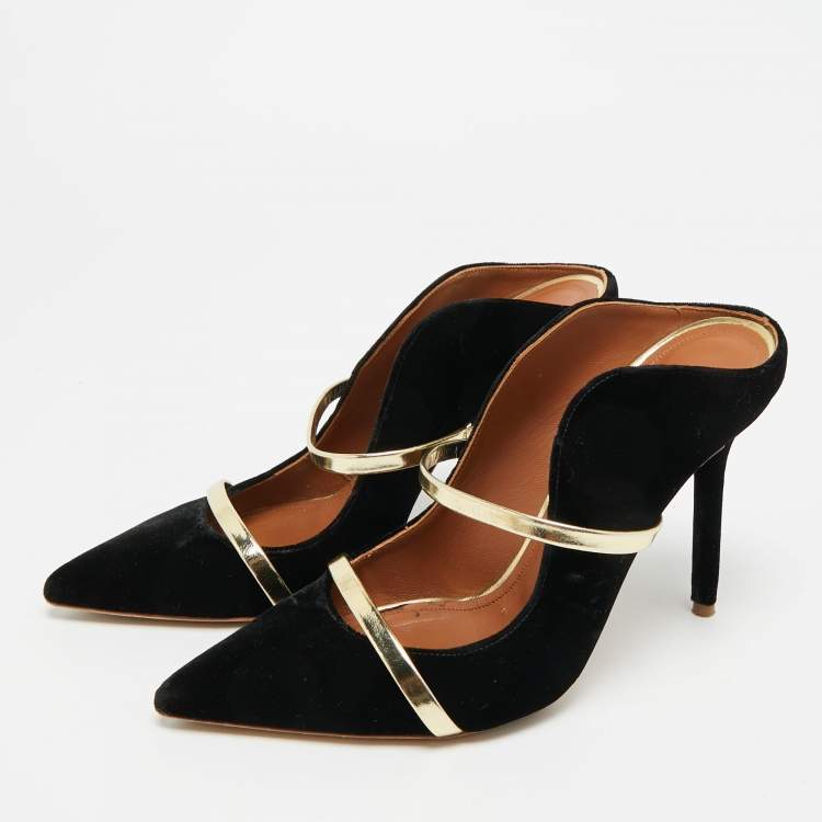 Pre Owned Malone Souliers Maureen Size 38.5 Black/Gold Leather and Velvet Mules