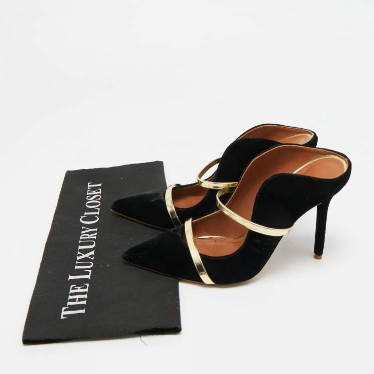 Pre Owned Malone Souliers Maureen Size 38.5 Black/Gold Leather and Velvet Mules