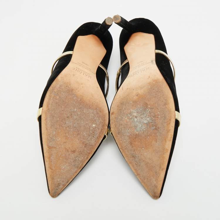 Pre Owned Malone Souliers Maureen Size 38.5 Black/Gold Leather and Velvet Mules