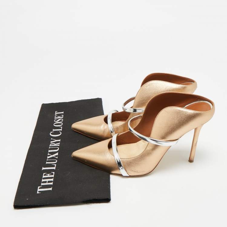 Pre Owned Malone Souliers Maureen Size 38.5 Metallic Gold/Silver Leather Mules