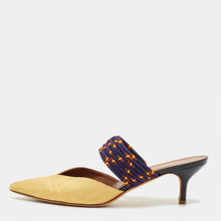 Pre Owned Malone Souliers Maisie Size 41 Gold/Navy Blue Leather and Raffia Mules