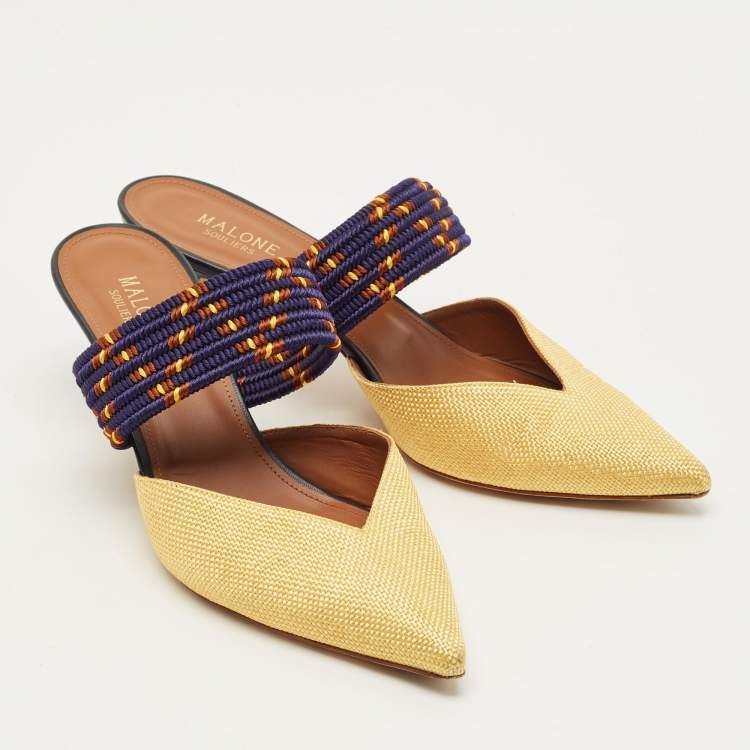 Pre Owned Malone Souliers Maisie Size 41 Gold/Navy Blue Leather and Raffia Mules