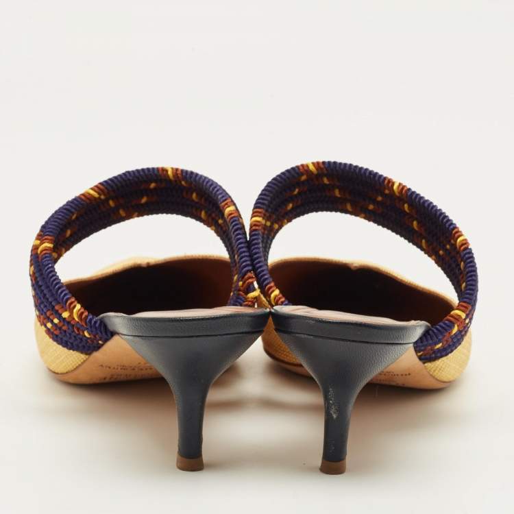 Pre Owned Malone Souliers Maisie Size 41 Gold/Navy Blue Leather and Raffia Mules