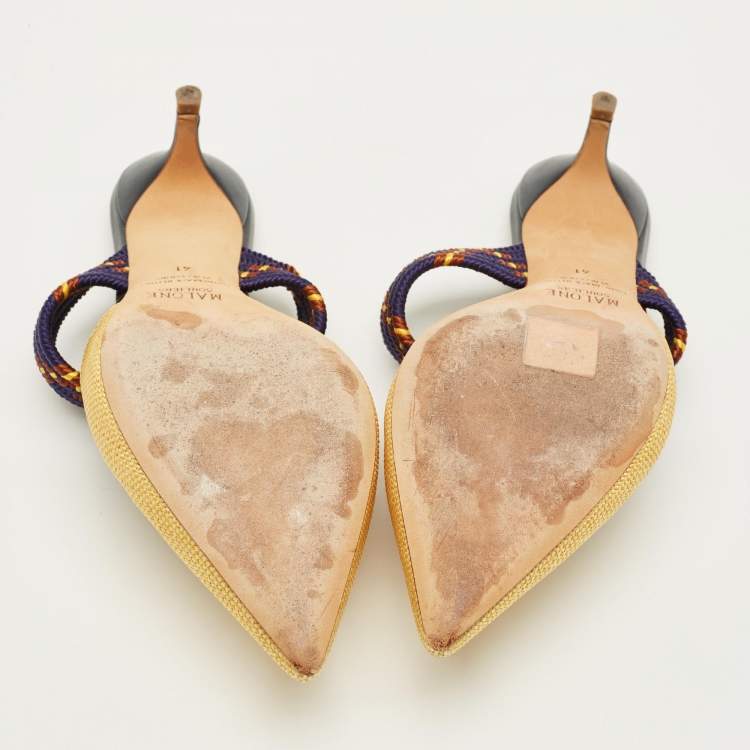 Pre Owned Malone Souliers Maisie Size 41 Gold/Navy Blue Leather and Raffia Mules