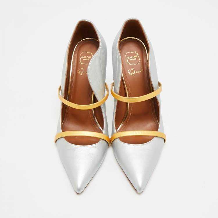 مملوكة مسبقًا Malone Souliers Maureen Size 38.5 Silver/Gold Leather Pumps