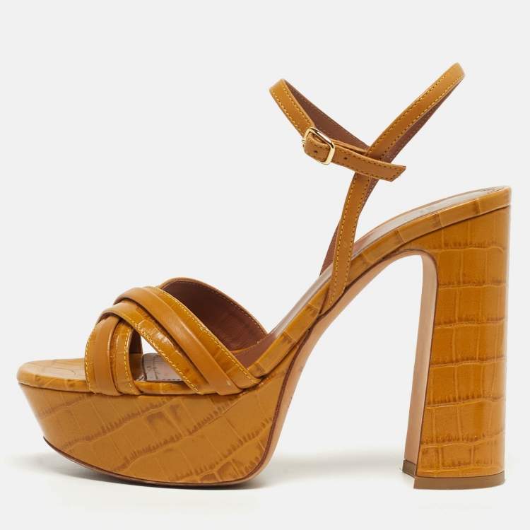 Pre Owned Malone Souliers Mila Size 38 Tan Croc Embossed Leather and Leather Platform Ankle Strap Sandals