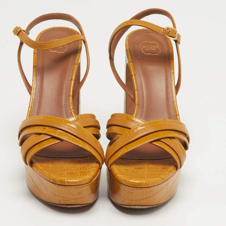Pre Owned Malone Souliers Mila Size 38 Tan Croc Embossed Leather and Leather Platform Ankle Strap Sandals
