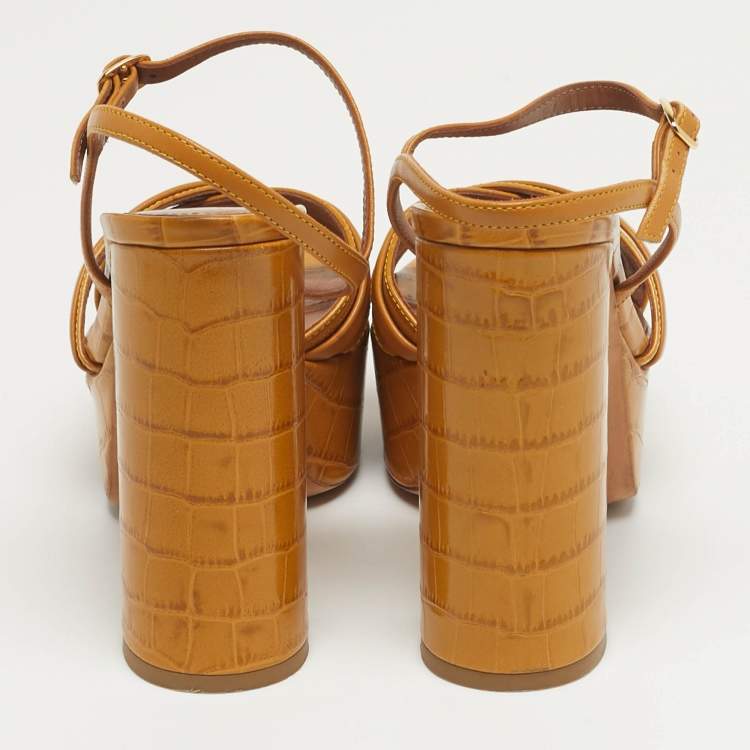 Pre Owned Malone Souliers Mila Size 38 Tan Croc Embossed Leather and Leather Platform Ankle Strap Sandals