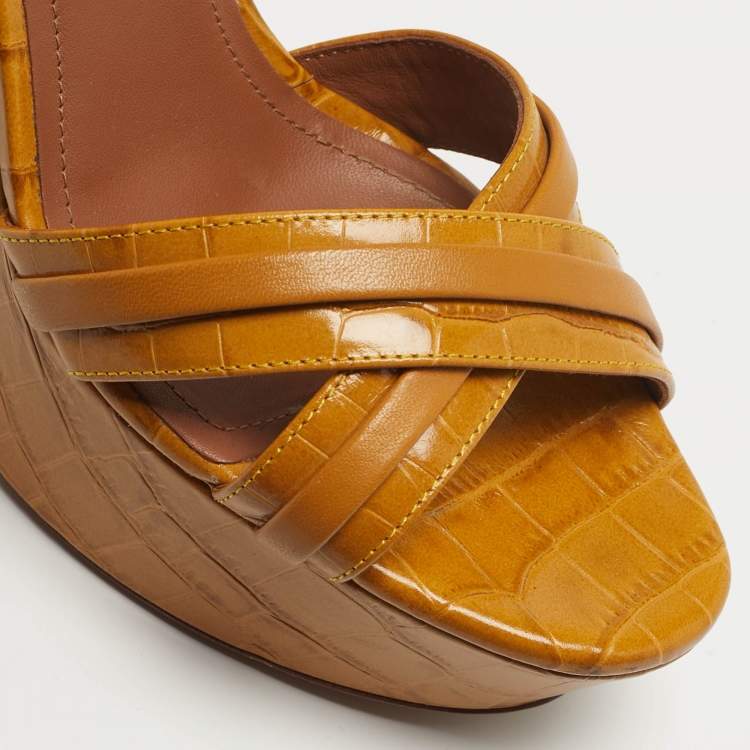 Pre Owned Malone Souliers Mila Size 38 Tan Croc Embossed Leather and Leather Platform Ankle Strap Sandals