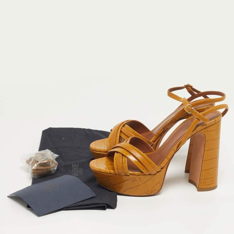Pre Owned Malone Souliers Mila Size 38 Tan Croc Embossed Leather and Leather Platform Ankle Strap Sandals
