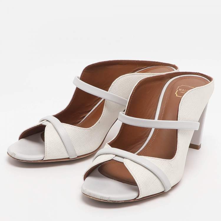 Pre Owned Malone Souliers Norah Size 35 White Leather and Straw Mules
