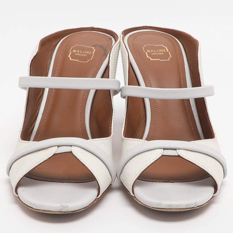 Pre Owned Malone Souliers Norah Size 35 White Leather and Straw Mules