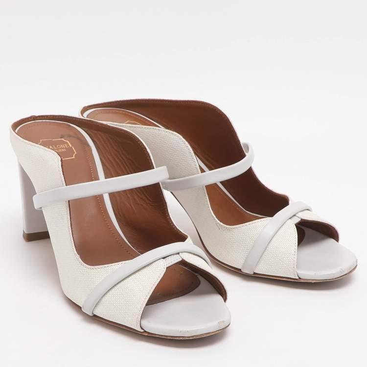 Pre Owned Malone Souliers Norah Size 35 White Leather and Straw Mules
