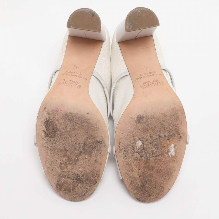 Pre Owned Malone Souliers Norah Size 35 White Leather and Straw Mules