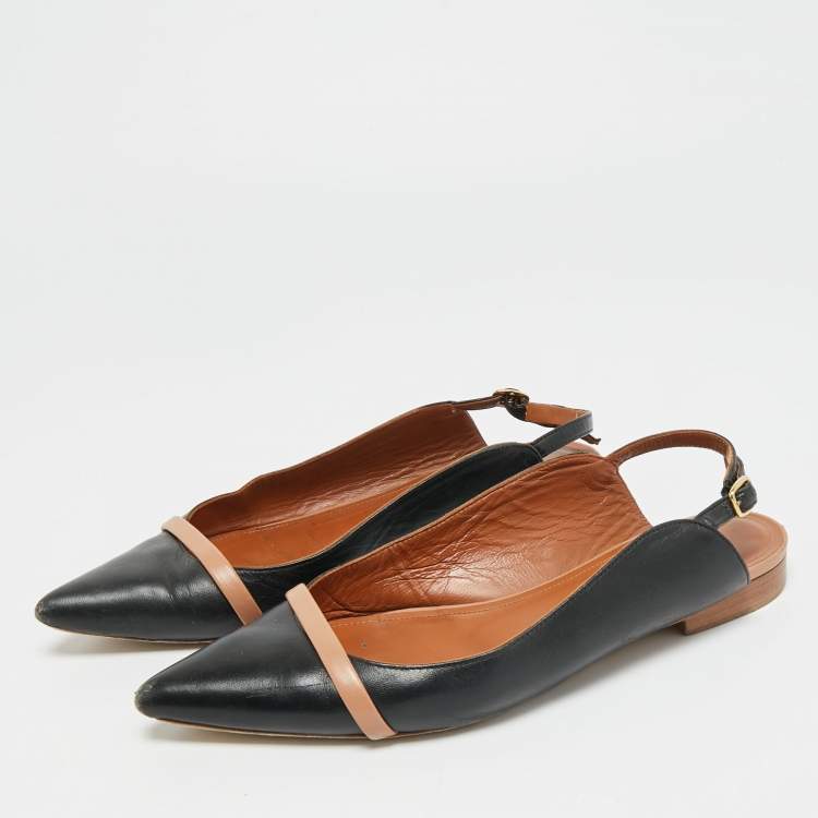 Pre Owned Malone Souliers Marion Luwolt Black/Beige Leather Slingback Flats Size 36.5
