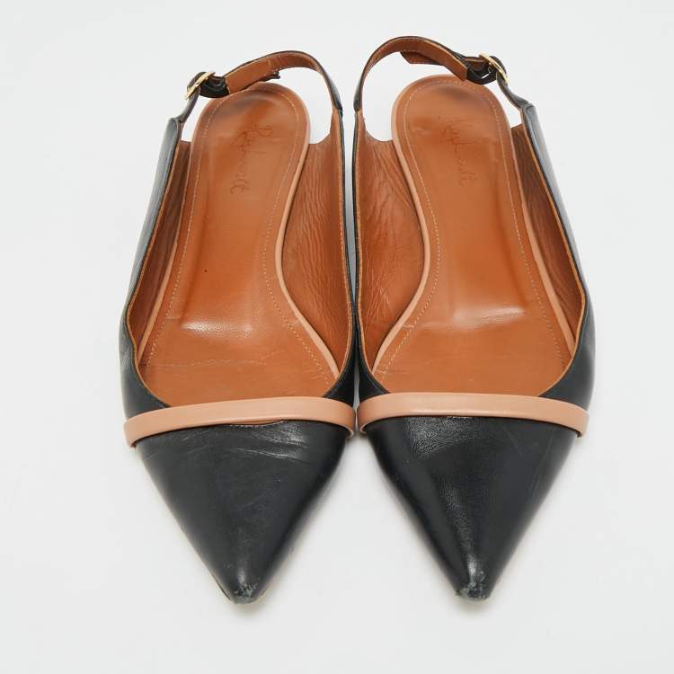 Pre Owned Malone Souliers Marion Luwolt Black/Beige Leather Slingback Flats Size 36.5