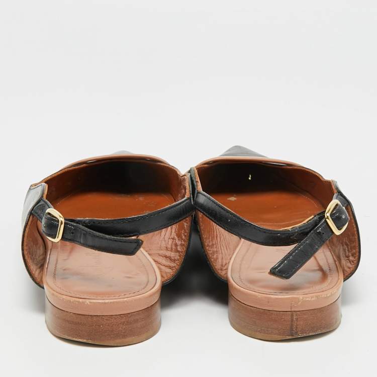 Pre Owned Malone Souliers Marion Luwolt Black/Beige Leather Slingback Flats Size 36.5