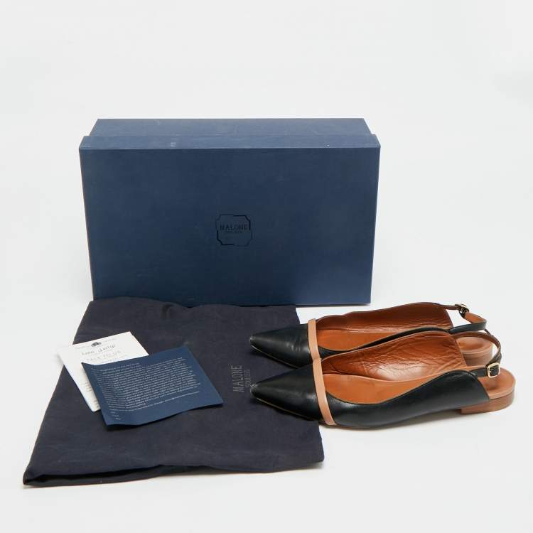 Pre Owned Malone Souliers Marion Luwolt Black/Beige Leather Slingback Flats Size 36.5