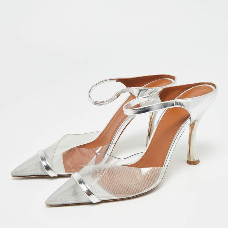 Pre Owned Malone Souliers Iona Size 38.5 Silver PVC and Patent Leather Heel Mules 