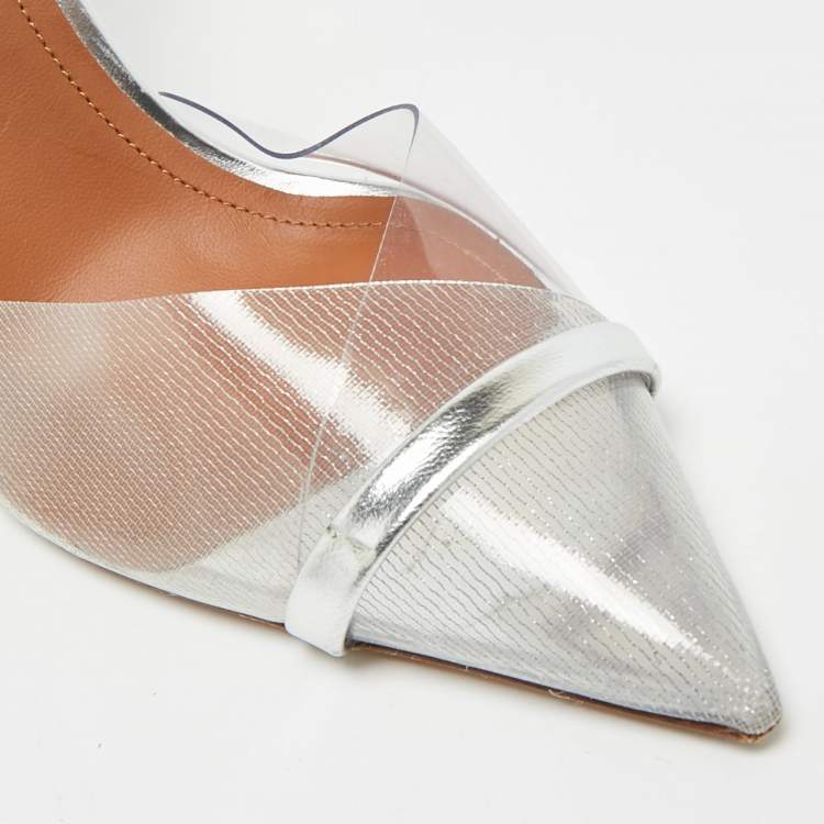 Pre Owned Malone Souliers Iona Size 38.5 Silver PVC and Patent Leather Heel Mules 