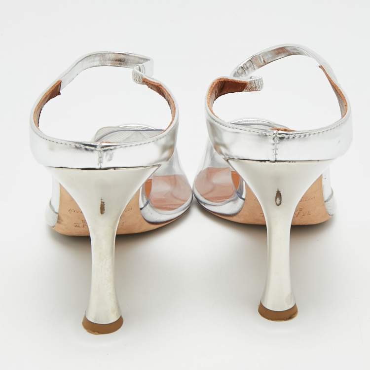 Pre Owned Malone Souliers Iona Size 38.5 Silver PVC and Patent Leather Heel Mules 