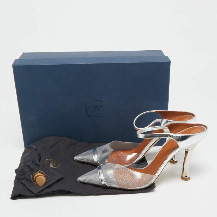 Pre Owned Malone Souliers Iona Size 38.5 Silver PVC and Patent Leather Heel Mules 