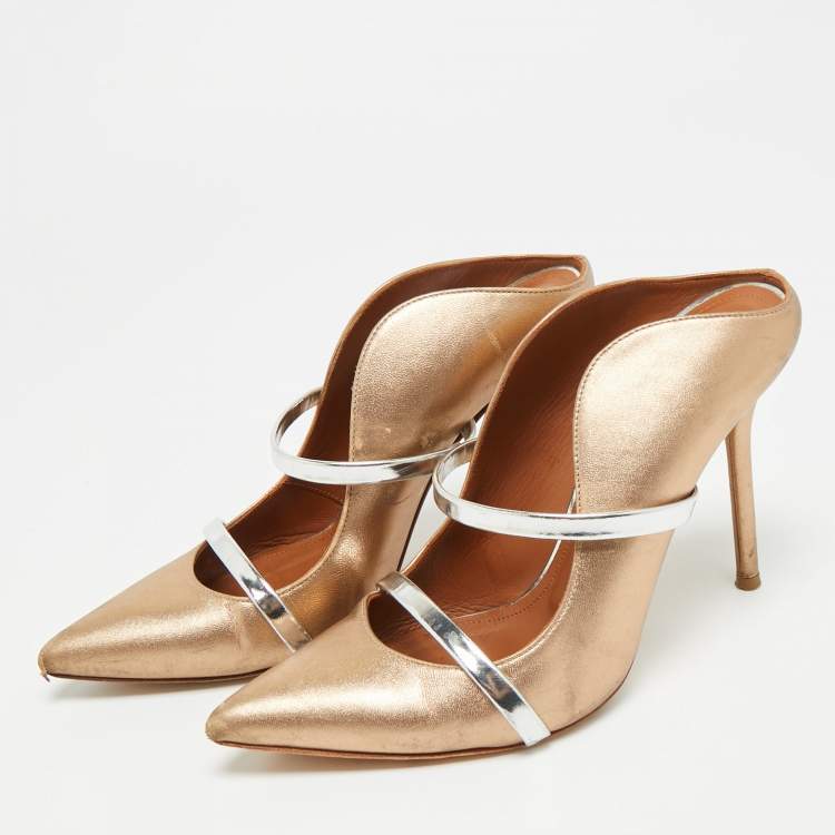 Pre Owned Malone Souliers Maureen Size 36.5 Gold/Silver Leather Mules