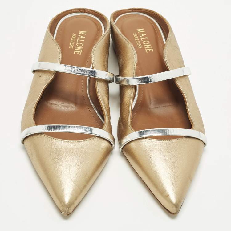 Pre Owned Malone Souliers Size 37 Silver/Gold  Leather Maureen Flat Mules 
