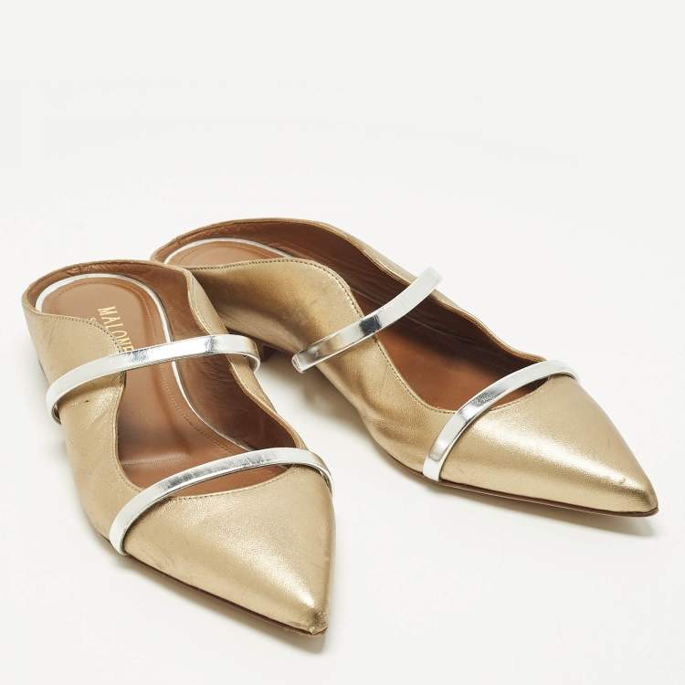 Pre Owned Malone Souliers Size 37 Silver/Gold  Leather Maureen Flat Mules 