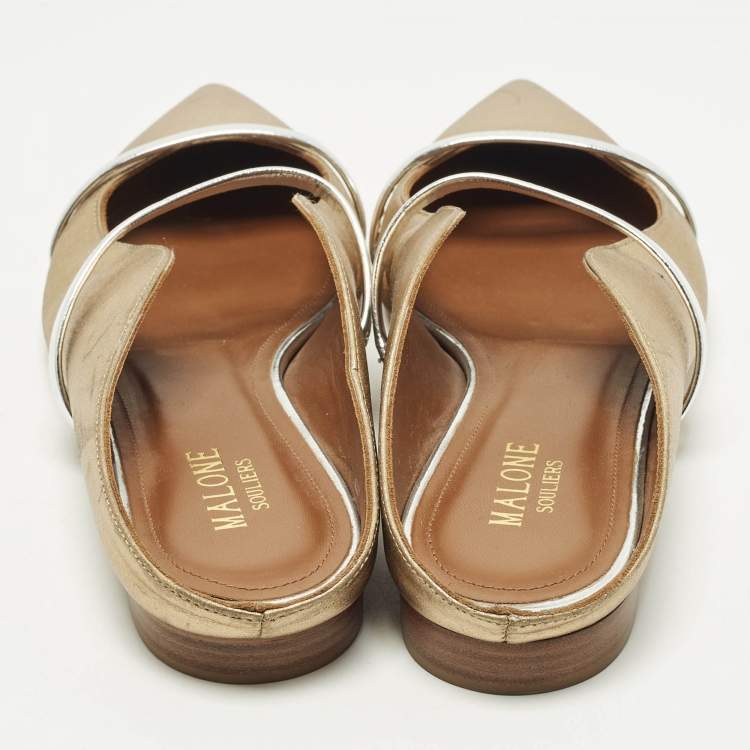 Pre Owned Malone Souliers Size 37 Silver/Gold  Leather Maureen Flat Mules 